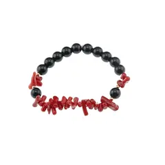 Bratara Obsidian negru sfere 8mm si Coral rosu freeform 6-15mm cu elemente aurii pe elastic
