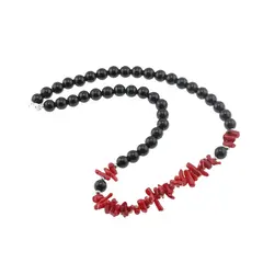 Colier Obsidian negru sfere 8mm si Coral rosu freeform 6-15mm cu elemente argintii