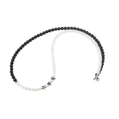 Colier Onix negru mat, Coral alb si stelute din Hematit argintiu, 4-6mm