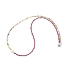 Colier Turmalina multicolora si Granat Rhodolit discuri fatetate 3mm si Perla de cultura 7mm cu elemente argintii