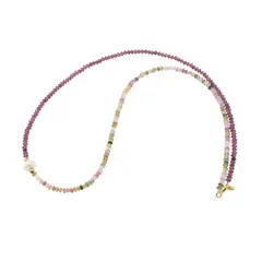 Colier Turmalina multicolora si Granat Rhodolit discuri fatetate 3mm si Perla de cultura 7mm cu elemente aurii