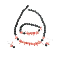 Set colier, cercei si bratara Obsidian negru sfere 8mm si Coral roz freeform 6-15mm cu elemente argintii