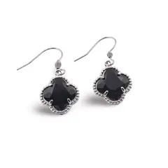 Cercei cu agatatoare Obsidian trifoi cu montura argintie, 18mm