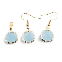 Set Cercei cu agatatoare si Pandantiv Agat bleu patrat cu montura aurie, 15mm