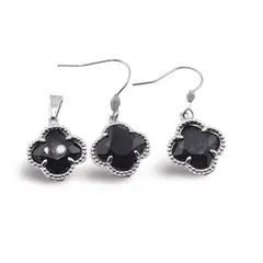 Set Cercei cu agatatoare si Pandantiv Obsidian trifoi cu montura argintie, 18mm