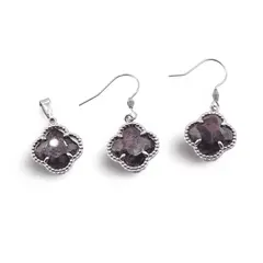 Set Cercei cu agatatoare si Pandantiv Rodonit trifoi cu montura argintie, 18mm