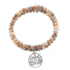 Bratara tripla ajustabila cu cristale naturale Agat crazy lace sfere 4mm cu charm floare de lotus argintiu