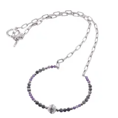 Colier lucrat manual Safir si Ametist sfere fatetate cu bumbi argintii, 3-4mm