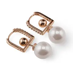 Cercei din cupru placat cu aur roz 18k cu perla si bumb, 27mm