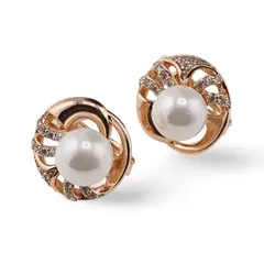 Cercei din cupru placat cu aur roz 18k model floare cu perla, 14mm