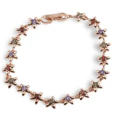 Bratara din cupru placat cu aur roz 18k, model flori cu zirconii multicolore