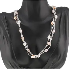 Colier Perle de cultura pe trei randuri roz, crem si albe, 6-8mm