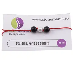 Bratara cu snur Obsidian si Perla de cultura, 8mm