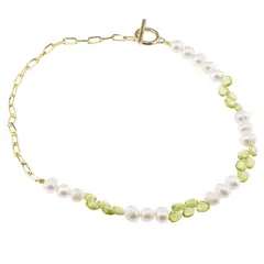 Colier Peridot briolete 7mm si Perle de cultura 8mm, cu inox auriu