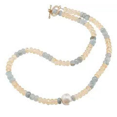 Colier Acvamarin si Citrin discuri fatetate 6mm si Perla de cultura 12mm