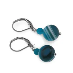 Cercei cu agatatoare Agat albastru dantelat mat, sfere 10mm si 4mm