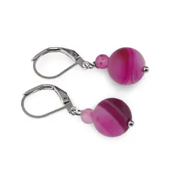 Cercei cu agatatoare Agat roz dantelat mat, sfere 10mm si 4mm