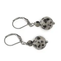 Cercei cu agatatoare Jasp dalmatian, sfere 10mm si 4mm