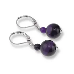 Cercei cu agatatoare Ochi de tigru mov, sfere 10mm si 4mm