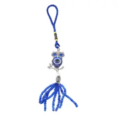 Breloc Amuleta Bufnita cu ochi protectori si ciucure albastru, 19cm