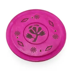 Suport lemn ardere betisoare parfumate rotund cu floare, roz - 13cm