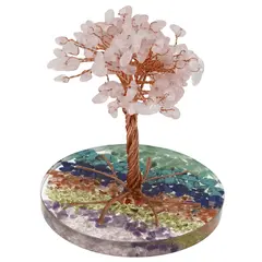 Copac Cuart roz chipsuri pe baza rotunda din rasina cu cristale 7 chakre, 9cm
