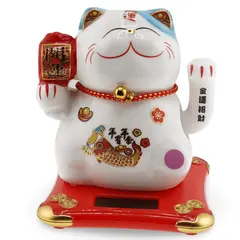 Pisica norocoasa Maneki Neko alba cu peste Koi - solara, 11cm