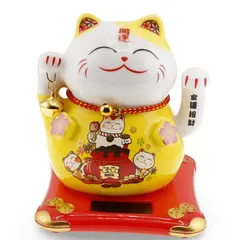 Pisica norocoasa Maneki Neko alba cu sac de pepite - solara, 11cm
