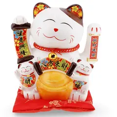 Pisica norocoasa Maneki Neko alba din ceramica pe perna cu doi pui si pepita - 18cm