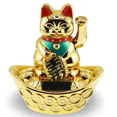 Pisica norocoasa Maneki Neko aurie, pe pepita cu monede solara - 13cm