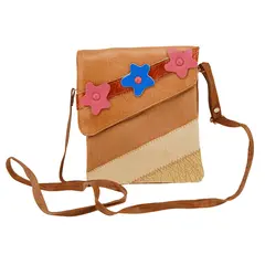 Geanta piele artificiala benzi si flori colorate - 19cm x 17cm
