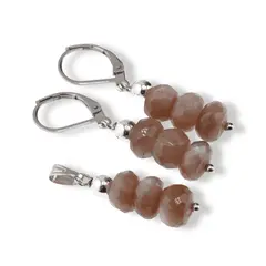 Set cercei cu agatatoare si pandantiv Piatra Lunii maro discuri fatetate, 7-8mm