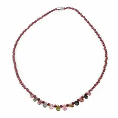 Colier Granat sfere si Turmalina multicolora briolete, 3-7mm