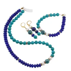 Set colier, cercei si bratara Turcoaz sfere si Agat albastru discuri, Perle de cultura si Azurit, 8-10mm