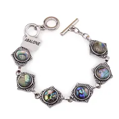 Bratara Scoica Abalone cu montura din metal, model cu detalii gravate si colturi accentuate