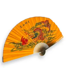 Evantai decorativ mare din lemn, model portocaliu cu dragoni - 156cm x 90cm