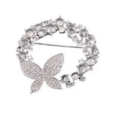 Brosa argintie rotunda cu fluture si zirconii, 40mm