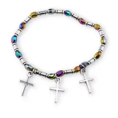 Bratara pe elastic cu Hematit electroplacat, elemente argintii si cruci charm