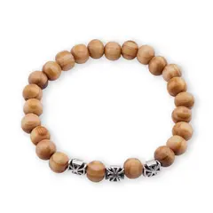 Bratara pe elastic cu lemn natural, elemente decorative argintii cu motive traditionale