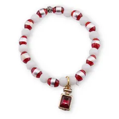 Bratara pe elastic cu margele albe, rosii si charm sticla de parfum