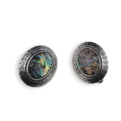 Cercei cu clipsuri Scoica Abalone in montura argintie - model oval, 27mm