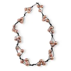Colier confectionat manual pe snur cu Roca vulcanica aurie rose sfere, 8mm