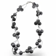 Colier confectionat manual pe snur cu Obsidian fulg de nea sfere, 10mm