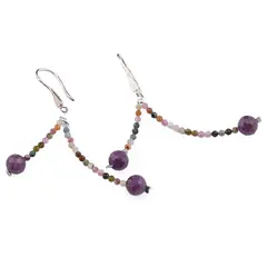 Cercei cu agatatoare pe doua randuri Turmalina multicolora 2mm si Rubin 6mm