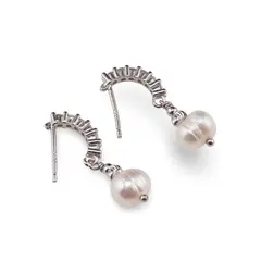 Cercei cu surub Perle de cultura cu baza de Argint 925 semirotunda cu zirconii, 7-8mm