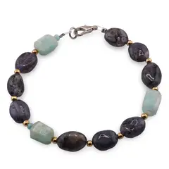 Bratara Iolith oval neregulat 9-11mm si Amazonit Rusia dreptunghi fatetat 10mm cu bumbi aurii