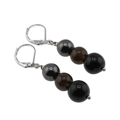 Cercei cu agatatoare Turmalina neagra, Cuart fumuriu si Hematit sfere, 8-10mm