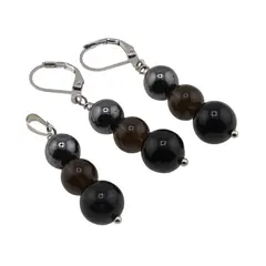 Set cercei cu agatatoare si pandantiv Turmalina neagra, Cuart fumuriu si Hematit sfere, 8-10mm