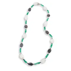 Colier Onix verde sfere 4mm, Iolith si Cristal de stanca neregulat 10-12mm, Hematit argintiu