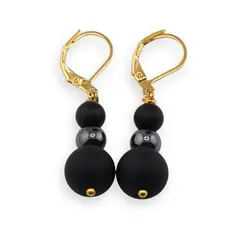 Cercei cu agatatoare Onix negru mat si Hematit sfere, 6-10mm